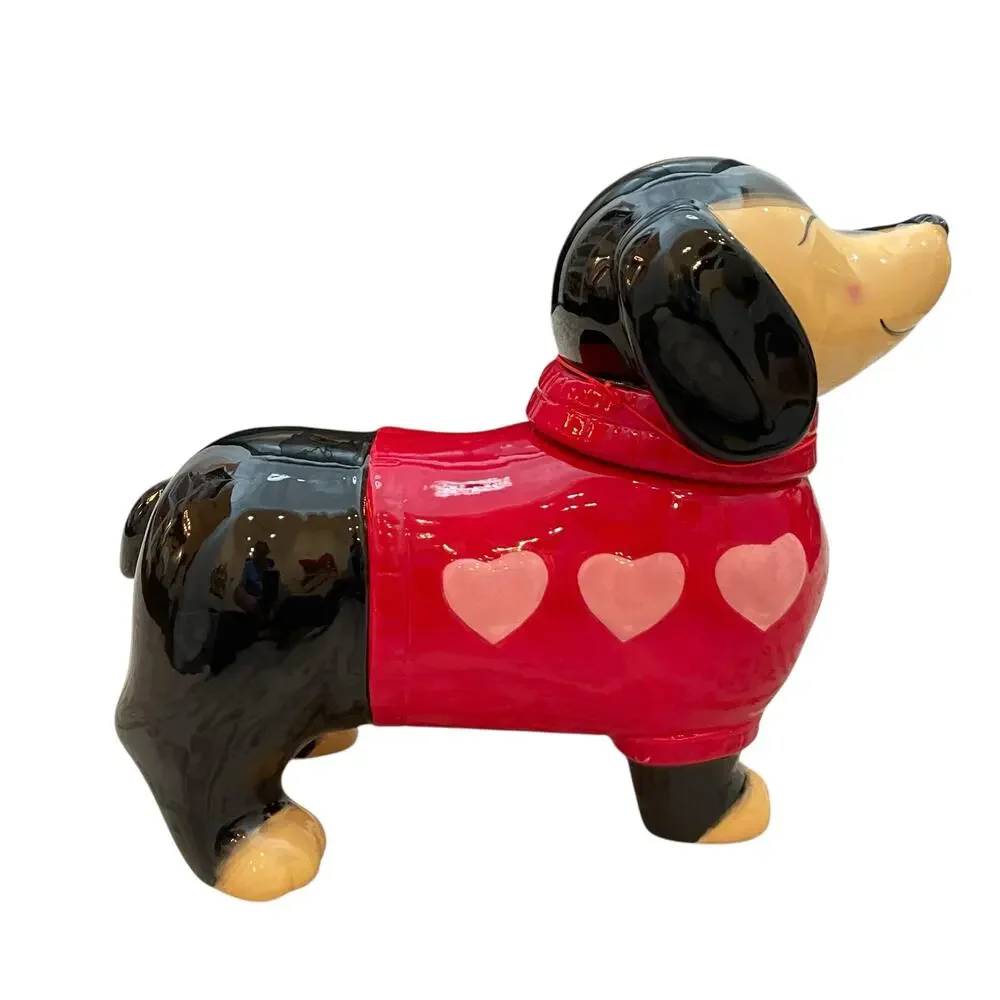 NEW Valentine's Dog Dachshund Cookie Jar Red Sweater Pink Hearts Hand Painted